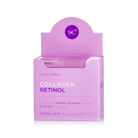 Colagen retinol – colagen marin hidrolizat lichid tip 1 si 3 cu 12. 500 mg + retinol 800 mcg + acid hialuronic 75 mg + biotina 5000 mcg + msm 125 mg + zinc 10 mg + siliciu 25 mg + vitaminele c, b5, b6, b12 si d3 – 20 fiole