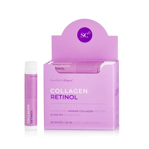 Colagen retinol – colagen marin hidrolizat lichid tip 1 si 3 cu 12. 500 mg + retinol 800 mcg + acid hialuronic 75 mg + biotina 5000 mcg + msm 125 mg + zinc 10 mg + siliciu 25 mg + vitaminele c, b5, b6, b12 si d3 – 20 fiole